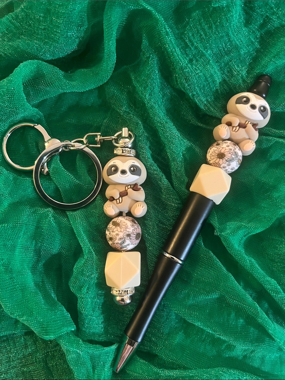 Cute Sloth Beaded Pen & Keychain Set in Beige and Black Gifts for all ages 80